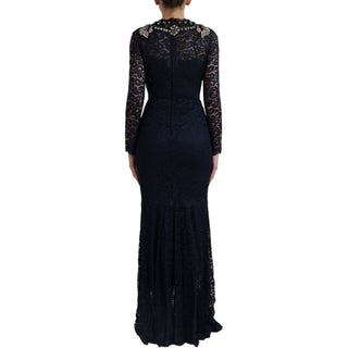 Blaues bodenlanges Kleid aus floraler Spitze mit Kristalldetails