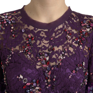 Lila, geblümtes Spitzenkleid mit Kristallen