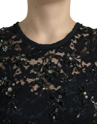Vestido de tubo negro de encaje floral con cristales