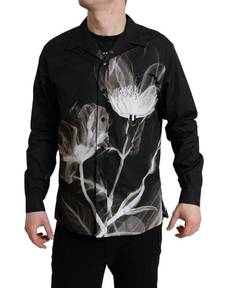 Camisa de hombre negra de algodón con flores y cuello, mangas largas  