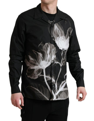 Camisa de hombre negra de algodón con flores y cuello, mangas largas  