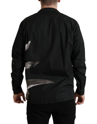 Camisa de hombre negra de algodón con flores y cuello, mangas largas  