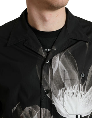 Camisa de hombre negra de algodón con flores y cuello, mangas largas  