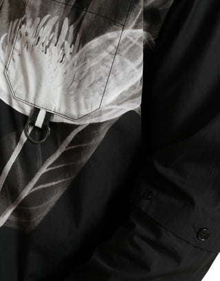 Camisa de hombre negra de algodón con flores y cuello, mangas largas  