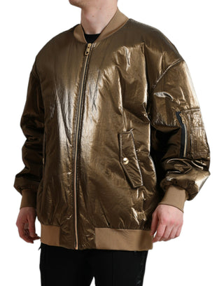 Herren-Bomberjacke mit durchgehendem Reißverschluss aus Bronze-Nylon