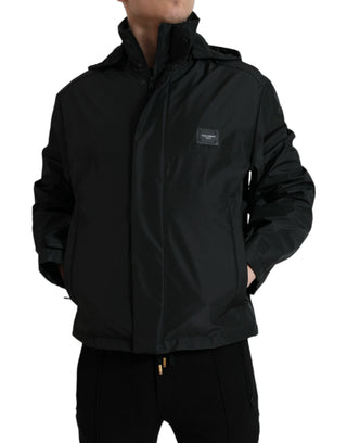 Schwarze Polyester-Kapuzenjacke mit Logo-Plakette