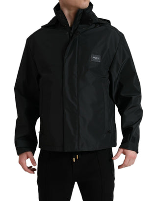 Schwarze Polyester-Kapuzenjacke mit Logo-Plakette