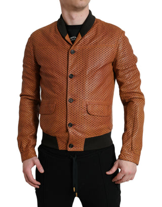 Chaqueta perforada de cuero de piel de cordero marrón