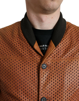 Chaqueta perforada de cuero de piel de cordero marrón
