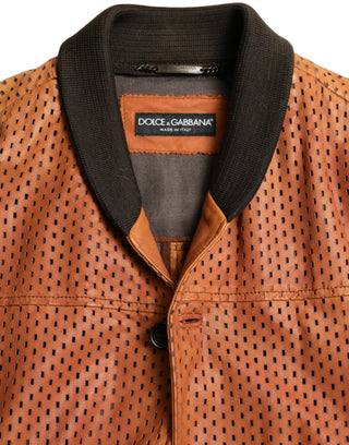 Chaqueta perforada de cuero de piel de cordero marrón