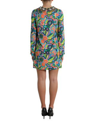 Multicolor Geometric Print Silk Crystals Midi Dress