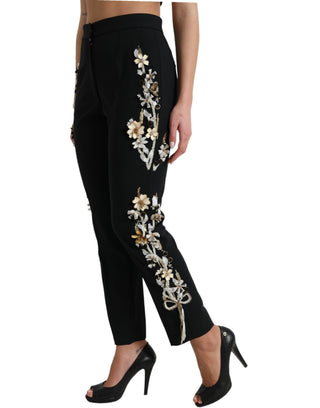 Pantalones ajustados de talle alto con apliques florales negros