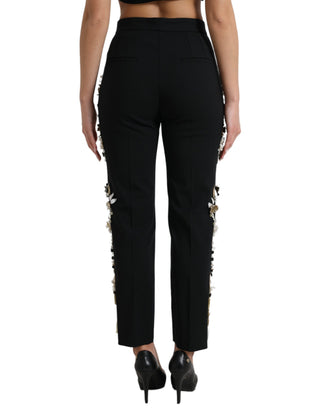 Pantalones ajustados de talle alto con apliques florales negros