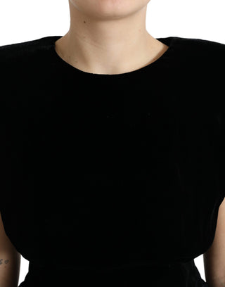 Black Velvet Fitted Padded Shoulder Blouse Top