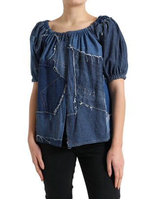 Blaue Patchwork-Jeansbluse mit kurzen Ärmeln