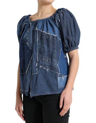 Blaue Patchwork-Jeansbluse mit kurzen Ärmeln
