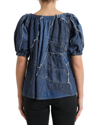 Blaue Patchwork-Jeansbluse mit kurzen Ärmeln