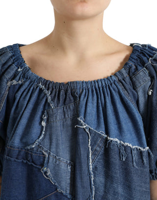 Blaue Patchwork-Jeansbluse mit kurzen Ärmeln