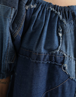 Blaue Patchwork-Jeansbluse mit kurzen Ärmeln