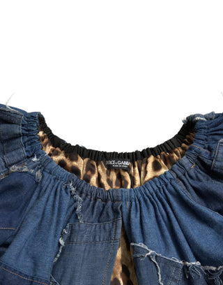 Blaue Patchwork-Jeansbluse mit kurzen Ärmeln
