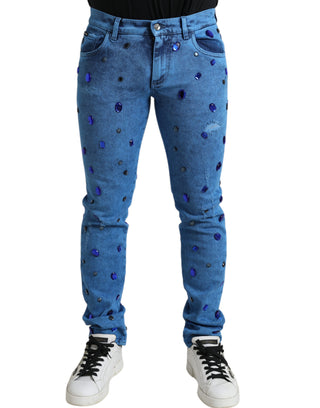 Jeans ajustados de mezclilla azul con cristales adornados