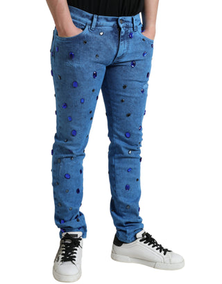 Jeans ajustados de mezclilla azul con cristales adornados