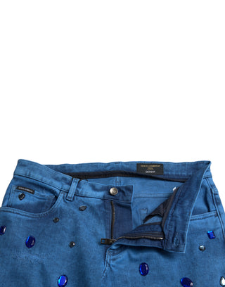 Jeans ajustados de mezclilla azul con cristales adornados
