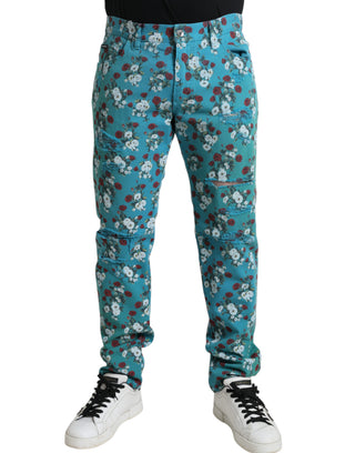 Pantalones ajustados de mezclilla de algodón con estampado floral azul