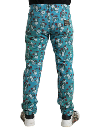 Pantalones ajustados de mezclilla de algodón con estampado floral azul