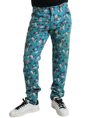 Pantalones ajustados de mezclilla de algodón con estampado floral azul