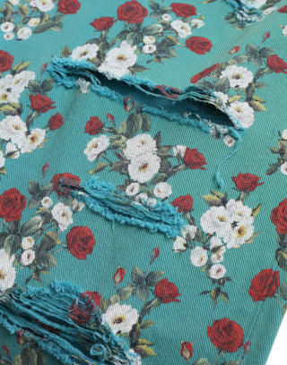 Pantalones ajustados de mezclilla de algodón con estampado floral azul