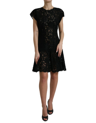 Vestido corto A-line de algodón negro con encaje floral