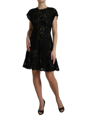Vestido corto A-line de algodón negro con encaje floral