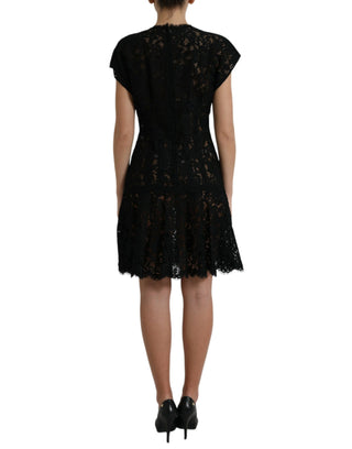 Vestido corto A-line de algodón negro con encaje floral