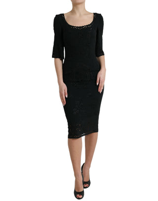 Black Floral Lace Viscose Bodycon Midi Dress