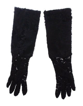 Guantes de codo de piel de cordero de lana negra con encaje