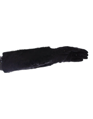 Guantes de codo de piel de cordero de lana negra con encaje