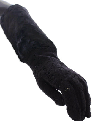 Guantes de codo de piel de cordero de lana negra con encaje