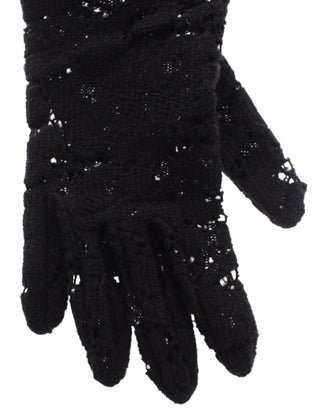 Guantes de codo de piel de cordero de lana negra con encaje