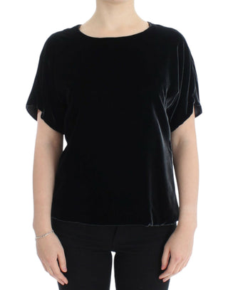 Schwarze kurzärmlige Samtbluse