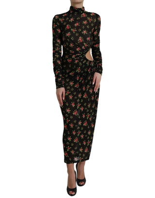 Schwarzes florales, ausgeschnittenes langes Maxikleid im Etui-Stil