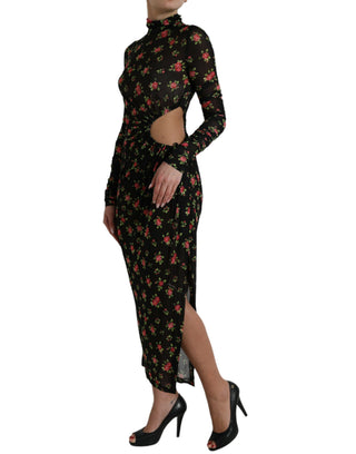 Schwarzes florales, ausgeschnittenes langes Maxikleid im Etui-Stil