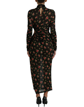 Schwarzes florales, ausgeschnittenes langes Maxikleid im Etui-Stil