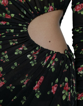 Schwarzes florales, ausgeschnittenes langes Maxikleid im Etui-Stil