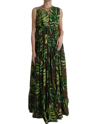Vestido largo maxi verde sin mangas con hojas de plátano