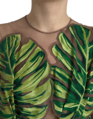 Ärmelloses langes Maxikleid mit grünem Bananenblatt-Muster