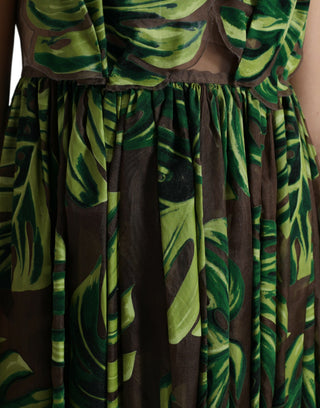 Ärmelloses langes Maxikleid mit grünem Bananenblatt-Muster