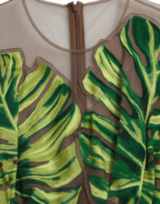 Ärmelloses langes Maxikleid mit grünem Bananenblatt-Muster