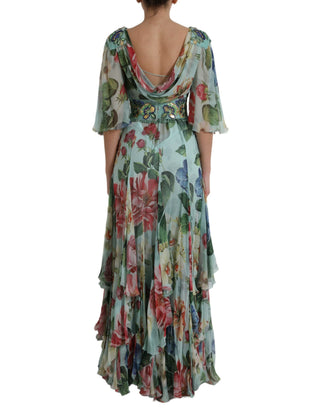 Vestido largo maxi azul con estampado floral y volantes