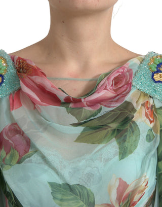 Vestido largo maxi azul con estampado floral y volantes